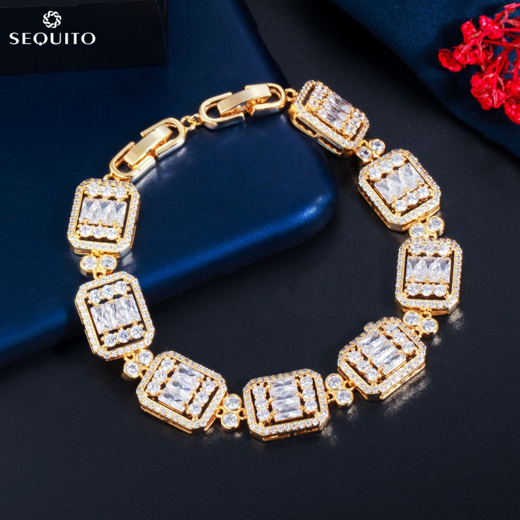 Sequito Aristocratic Luxury CZ 氧化鋯鍍黃金鍊環手鍊手鐲女士舞會派對珠寶 B116