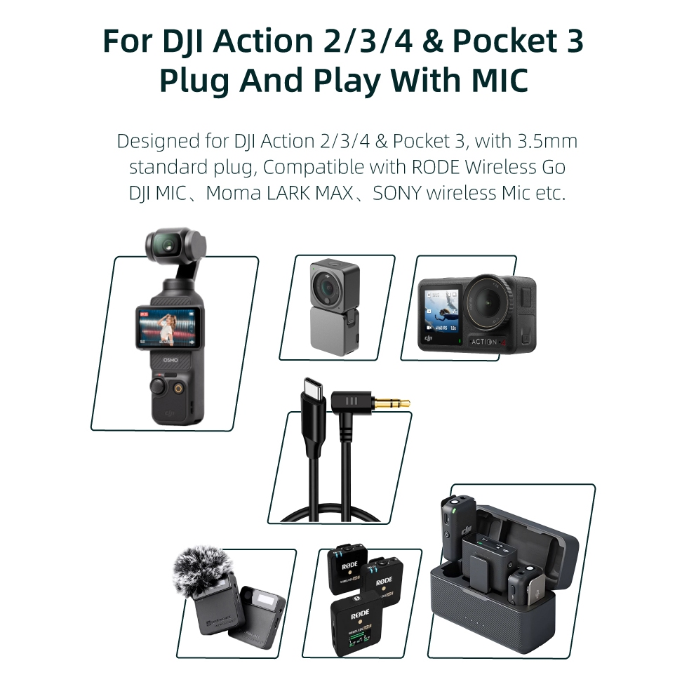 適用於 DJI Action 4/ Action 3/ Action 2 /pocket 3 音頻適配器電纜 Type-