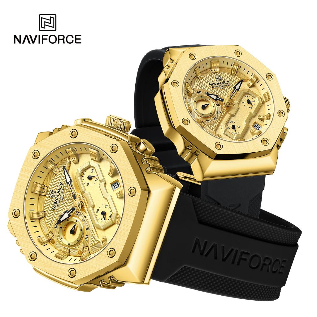 Naviforce 8035 情侶手錶時尚奢華運動石英多功能黃金情侶手錶防水浪漫