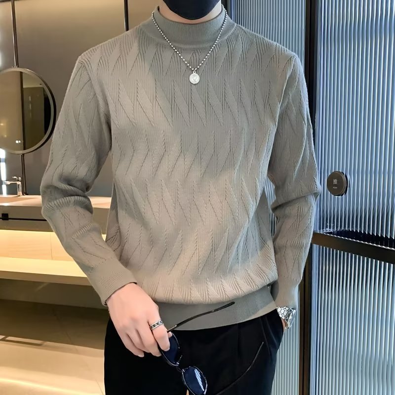 中高領毛衣男 秋冬季厚款寬鬆毛衣 韓版潮流保暖中領打底毛線衣針織衫男