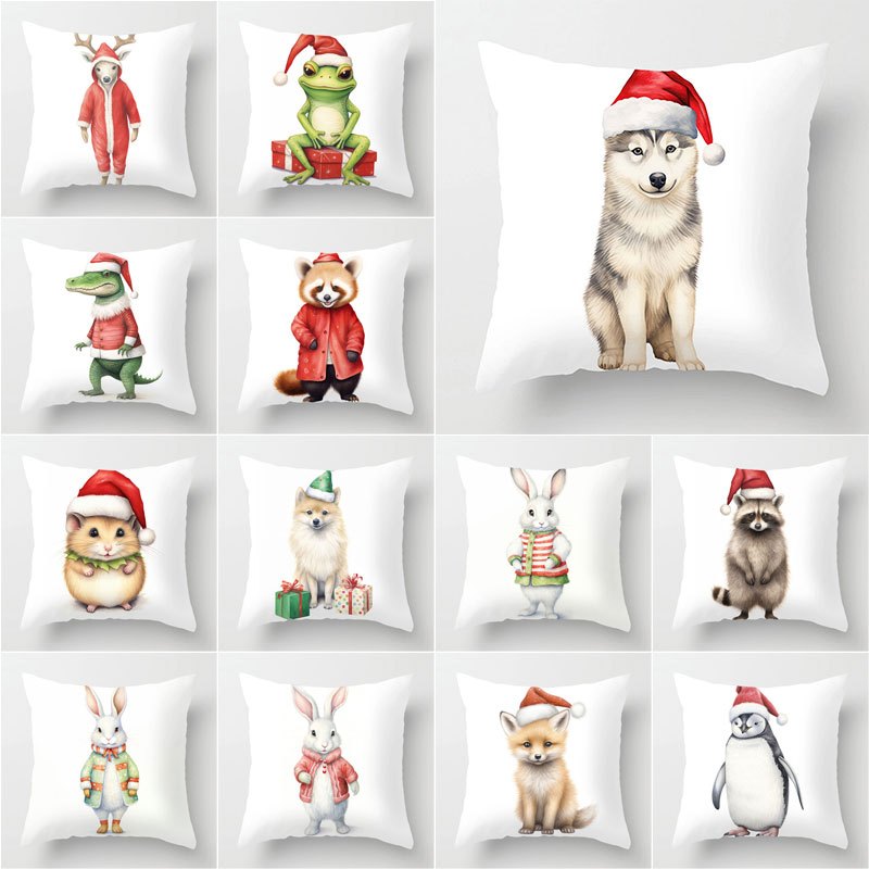 聖誕快樂可愛動物滌綸抱枕套汽車墊家居裝飾枕套 45*45cm 單面印花