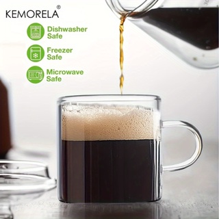 KEMORELA 6pcs 透明玻璃可愛茶杯牛奶玻璃杯小透明玻璃茶杯帶把手高茶小玻璃杯冷熱拿鐵花式茶杯套裝濃縮咖啡杯