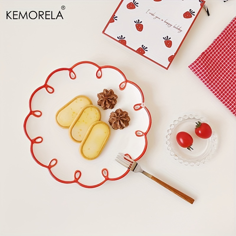 KEMORELA Ins風復古波浪紋甜品盤紅色壓花鏤空復古陶瓷盤法式早餐甜品蛋糕盤款式紅邊浮雕水果甜品盤餐具