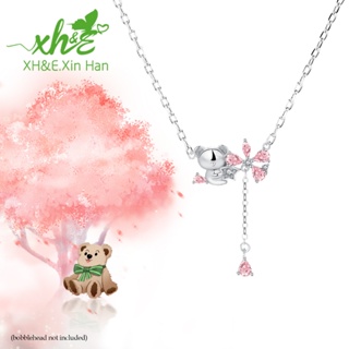 Xh&e 粉色水晶熊和櫻桃項鍊動物水晶吊墜 925 純銀動物首飾禮物女士女孩