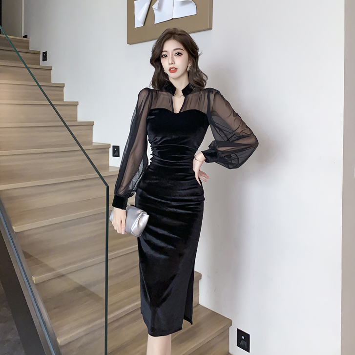韓版性感黑色長裙女裝緊身收腰V領網紗拼接褶皺高腰開叉中長款絲絨緊身洋裝