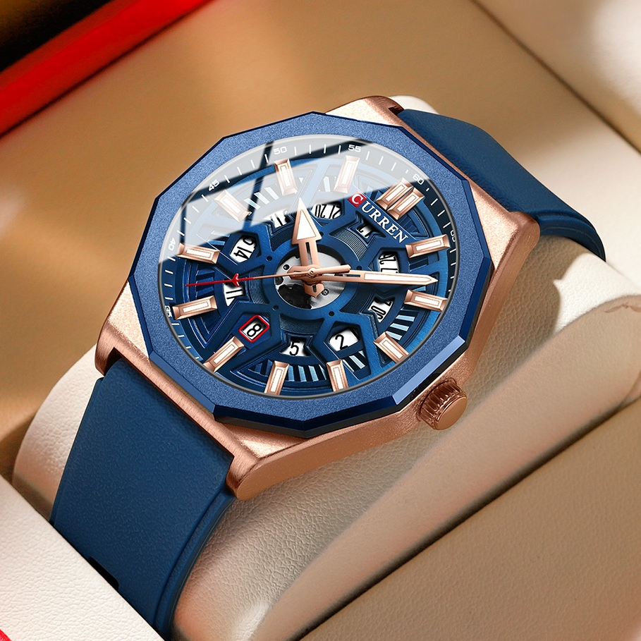 Curren 新款男士手錶商務指針夜光錶盤自動日曆運動休閒矽膠錶帶防水 8437