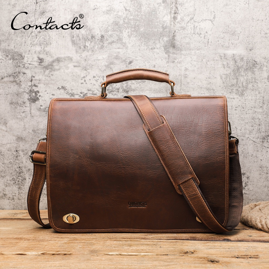 CONTACT'S 商務男士公文包真皮單肩斜挎包奢侈品牌筆記本電腦包適用於 15.6 英寸手提包手提包
