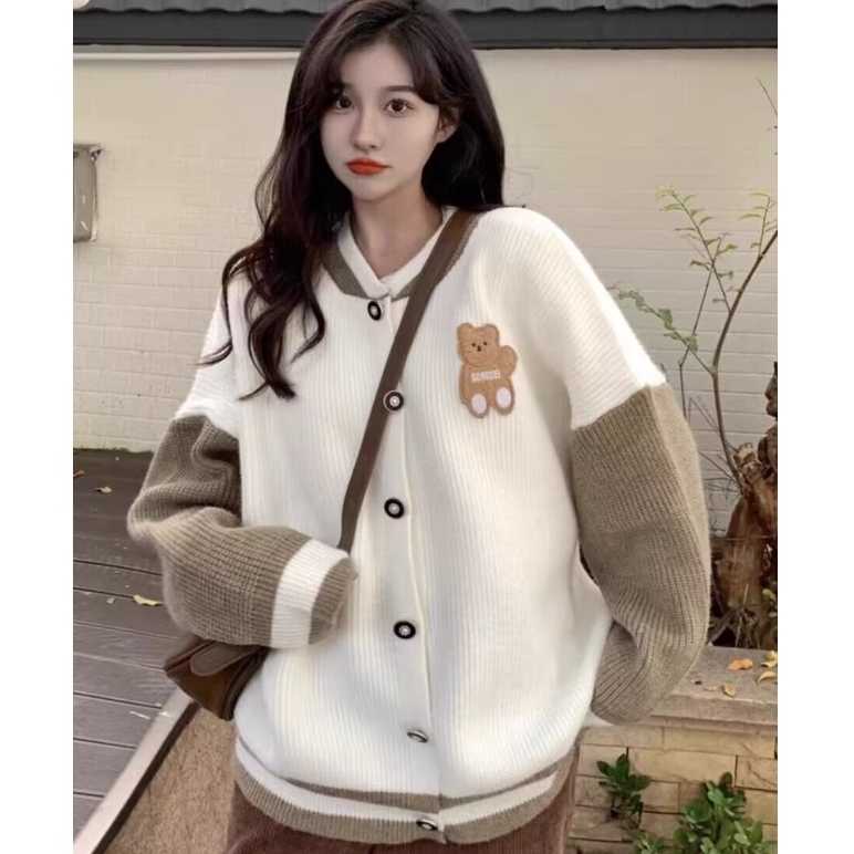 韓系女版休閒寬鬆秋冬新款復古小熊刺繡針織小外套