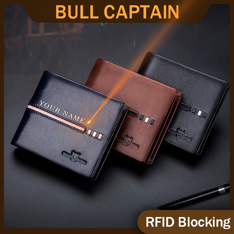 Bullcaptain 品牌皮革錢包,帶免費雕刻服務 RFID 屏蔽男士小號三折錢包