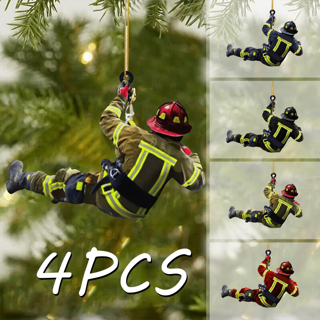 (4PCS) 消防員聖誕節 2D 掛飾聖誕樹挂件掛飾消防員消防員制服掛飾汽車挂件