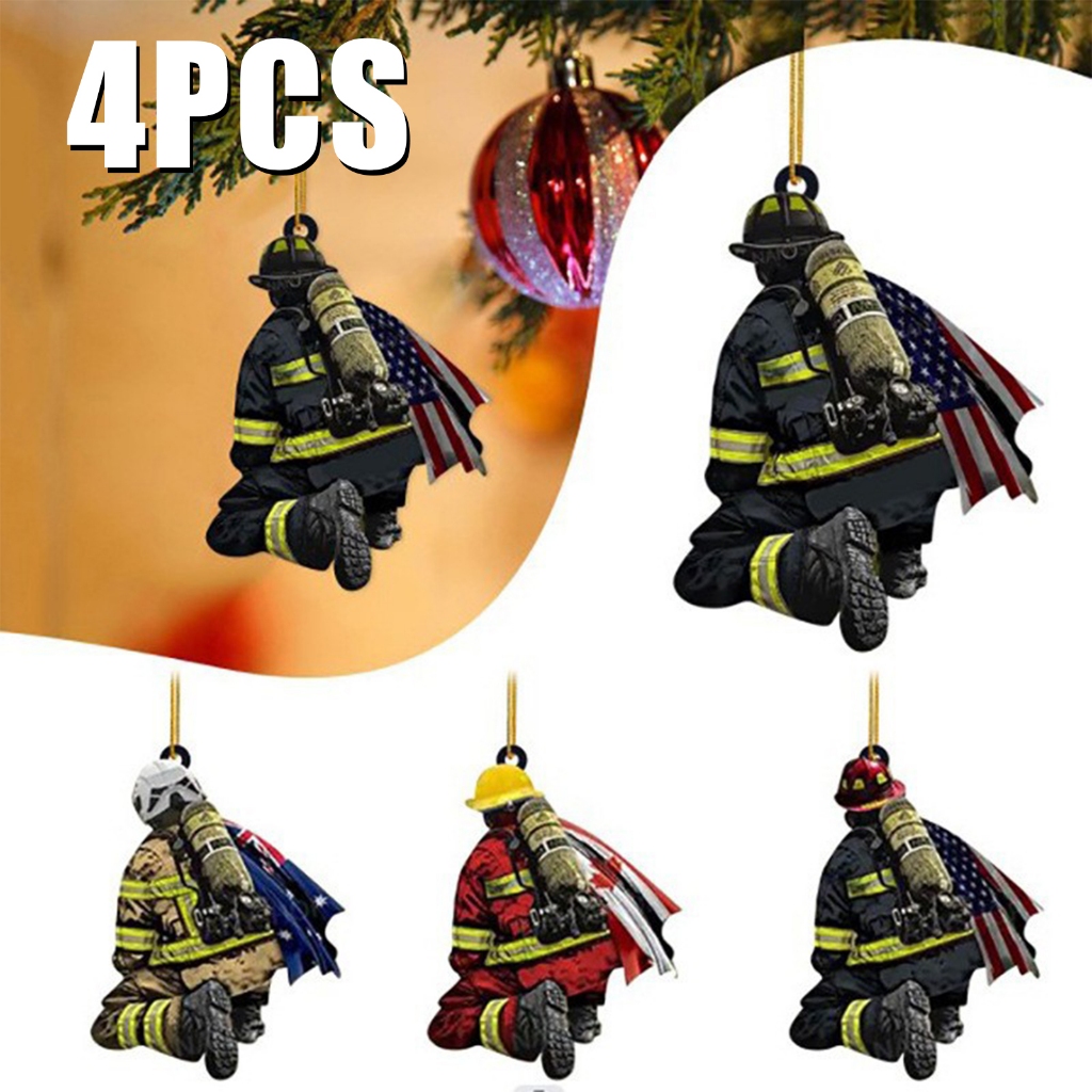 (4PCS) 消防員聖誕節 2D 掛飾消防員家庭聖誕樹挂件消防員制服掛飾消防員汽車挂件