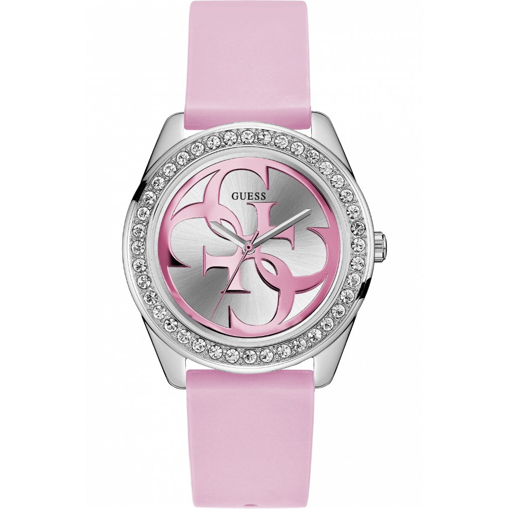 GUESS 女士手錶 石英銀色錶盤女性腕錶 時尚粉色矽膠女表  休閒聚會 W1240L1
