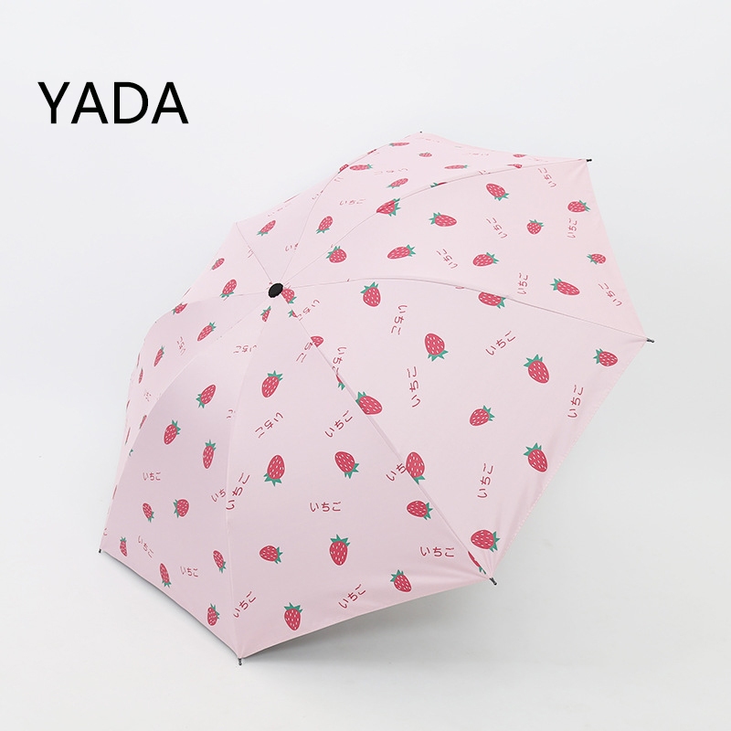 Yada 時尚草莓設計雨傘太陽和雨黑色塗層手動雨傘女學生折疊傘 YS230038