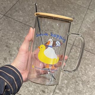 600ml大容量馬克杯 ins透明玻璃杯 可愛帶把手馬克杯附蓋 喝水泡茶杯 卡通 耐熱 隔熱水杯 咖啡杯 果汁杯 牛奶杯