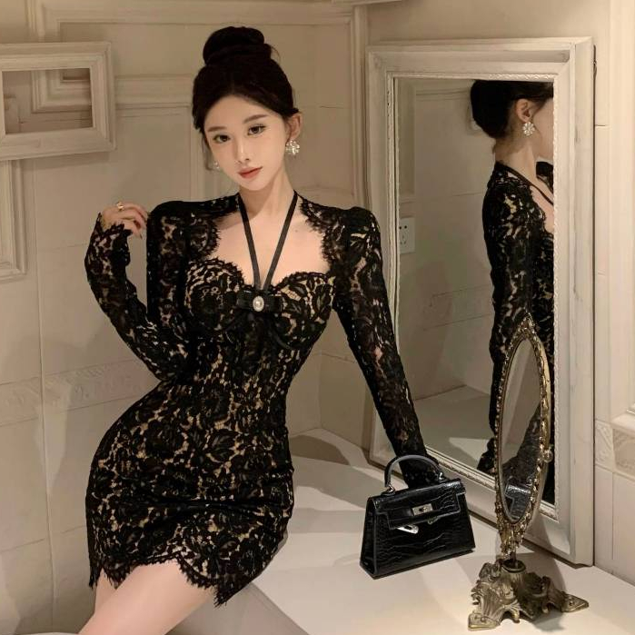 韓版聚會派對緊身洋裝女裝緊身收腰彈力不規則設計掛脖黑色長袖蕾絲洋裝