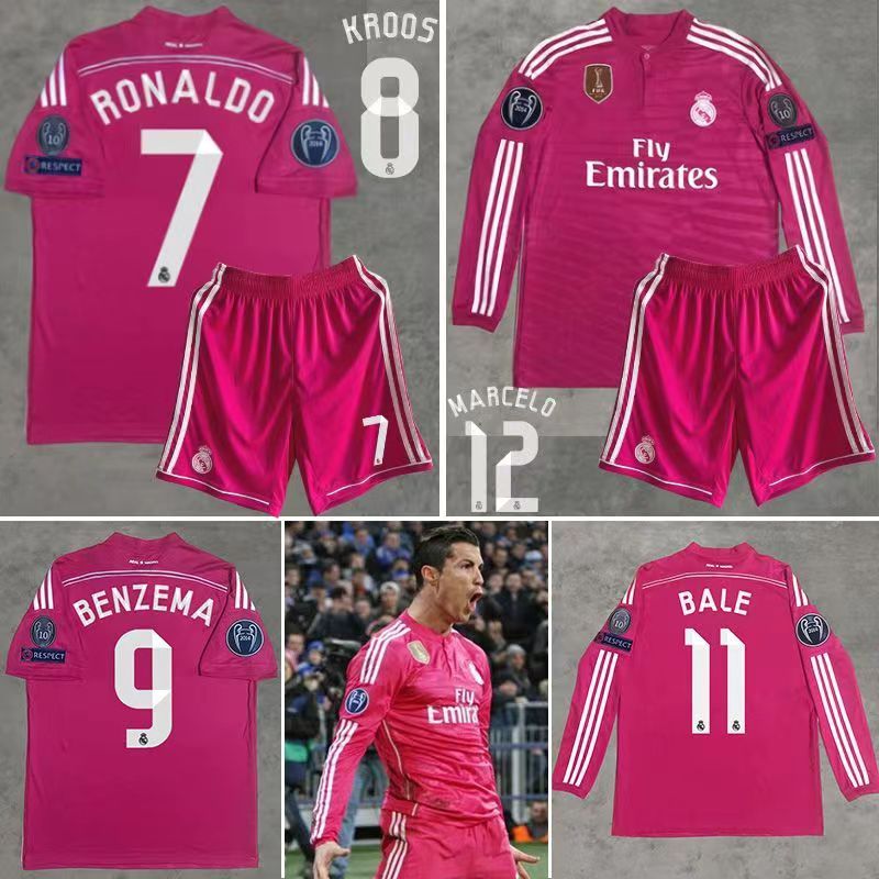 皇馬復古球衣14/15運動短袖粉紅色歐冠版長袖7號C羅足球服訂製
