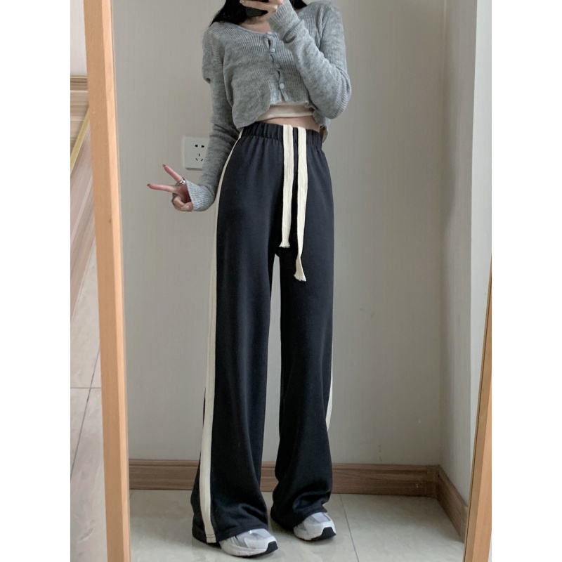 韓版冬季新款3色側邊條紋寬褲休閒褲
