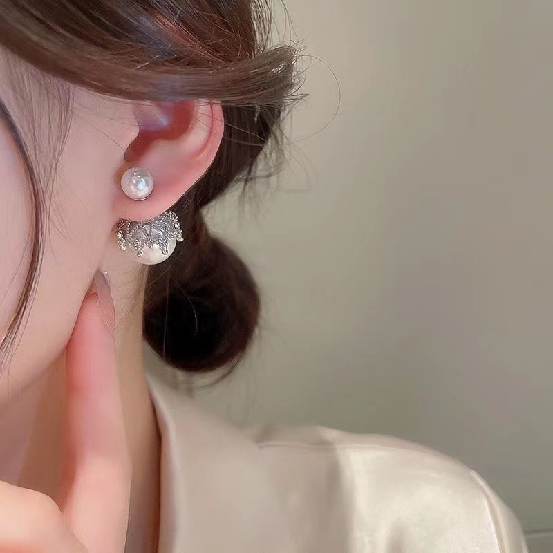 S925銀針名媛輕奢大珍珠耳環女簡約一款兩戴百搭氣質耳環網紅耳飾雙面珍珠耳環