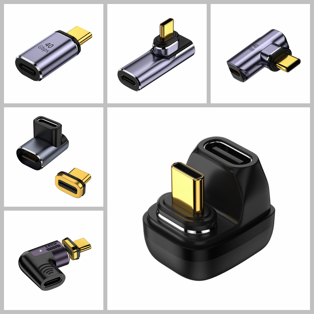 USB4.0 Type-C公轉母全功能轉接頭 直頭彎頭U型鋁合金磁吸轉接頭支持40G 8K/60HZ 100W兼容雷電4