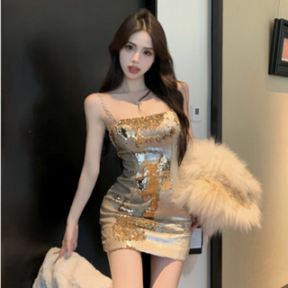 韓版聚會派對吊帶洋裝女裝緊身收腰奢華高級設計翻面亮片無袖緊身洋裝