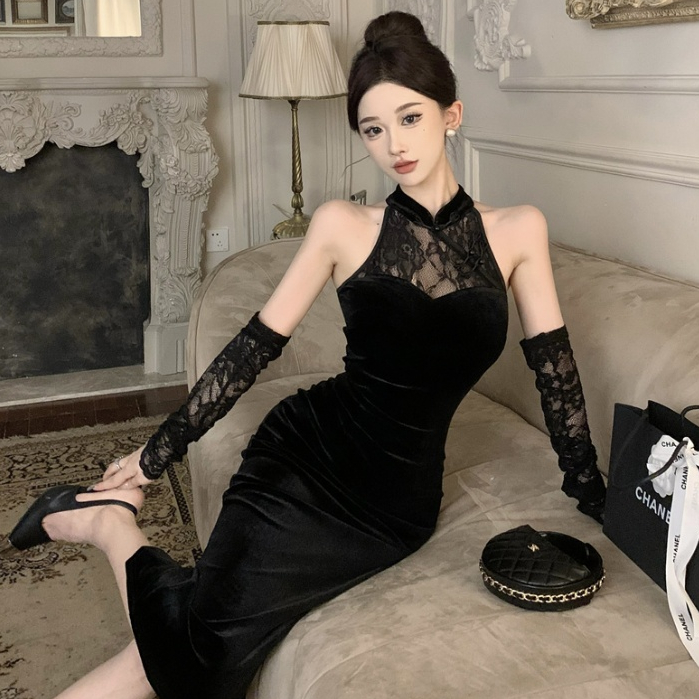 韓版聚會派對黑色長裙女裝緊身收腰蕾絲拼接絲絨性感中長款掛脖緊身洋裝