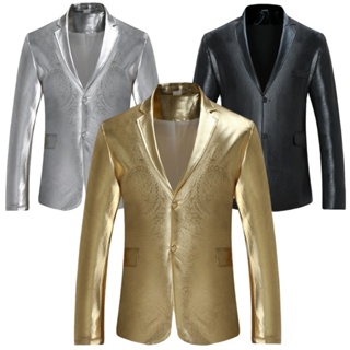 男士鍍金人造皮革西裝外套街頭風格閃光金色西裝外套歌手表演服裝