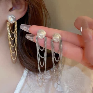925銀針韓國珍珠鏈條流蘇耳環氣質時尚高級感耳飾