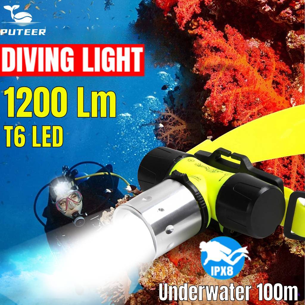 Puteer DV01 頭燈防水潛水頭燈水下頭燈手電筒釣魚頭燈可充電防水頭燈