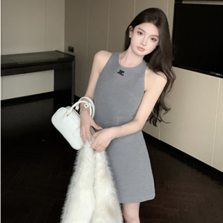 韓版性感灰色背心洋裝女裝緊身收腰設計感圓領無袖A字洋裝