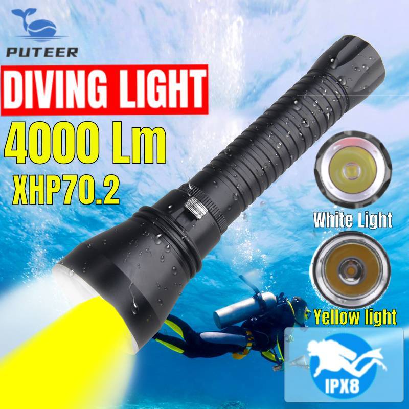 Puteer Powerful XHP70.2 LED 潛水手電筒黃/白光水下潛水 LED 手電筒魚叉捕魚水肺