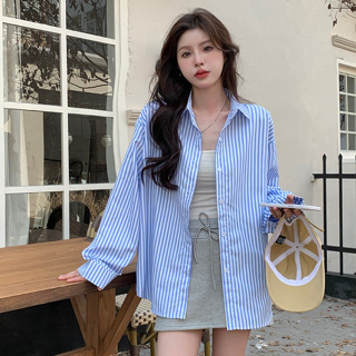 韓系女版休閒寬鬆時尚百搭藍色條紋長袖襯衫