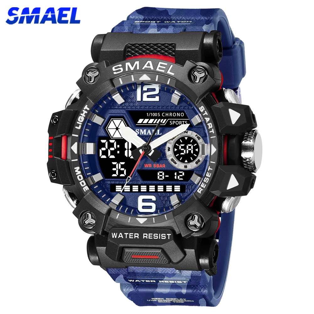 Smael 迷彩雙時防水運動男士手錶數字運動時尚背光秒錶運動石英手錶