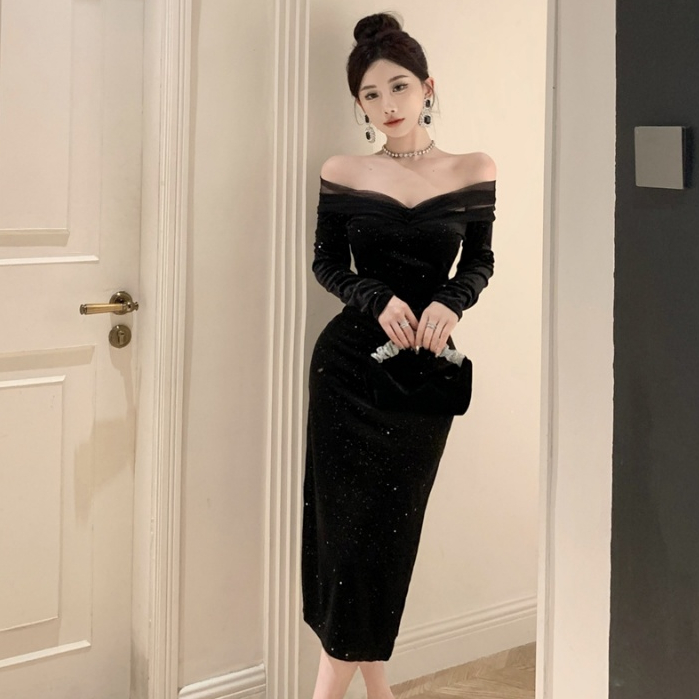 韓版聚會派對黑色長裙女裝緊身收腰高級設計網紗拼接絲絨一字領長袖中長款包臀緊身洋裝
