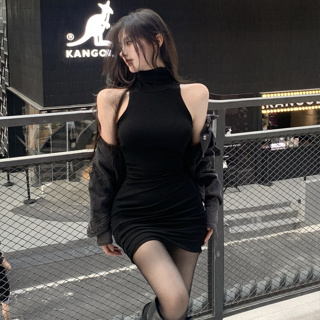 韓版性感緊身洋裝女裝緊身收腰高領無袖搭包臀彈力針織洋裝