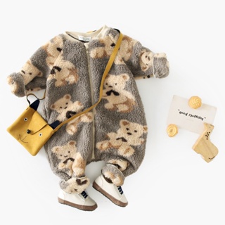 Sanlutoz 冬季保暖拉鍊幼兒連體衣 可愛熊抓絨加厚長袖嬰兒服裝
