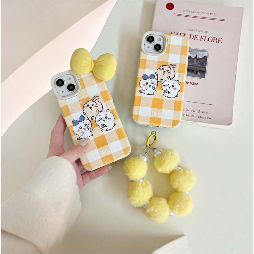 超火黃色格子可愛兔子手鍊 3D 蝴蝶結 14 蘋果 12ProMax11 適用於防摔 13 手機殼 iPhone 15