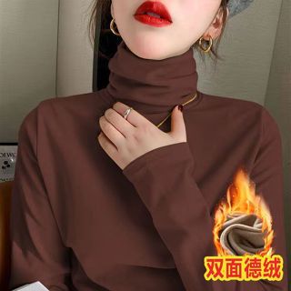 GHGl🔥實拍現貨 200斤大尺碼雙面磨毛髮熱德絨高領打底衫女 秋冬加厚內搭堆堆領長袖上衣 保暖內搭