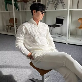 韓版中高領拉鍊毛衣男 高級慵懶感套頭長袖針織衫 時尚洋氣百搭白色外套