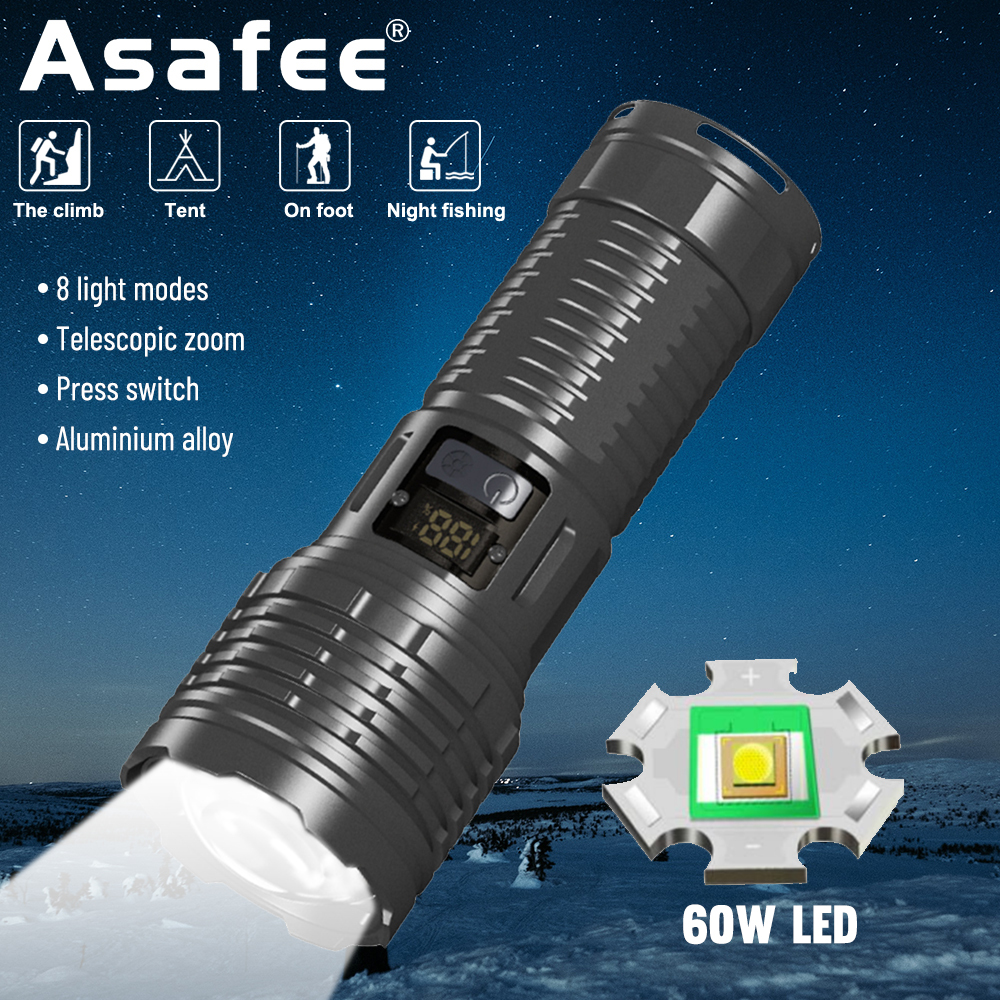 Asafee 3000LM戶外超亮安全工作燈60W/XHP360 LED野營手電筒1188伸縮變焦內置電池多檔位開關Ty