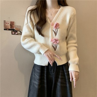 韓系女版針織新款V領溫柔復古風寬鬆長袖小外套