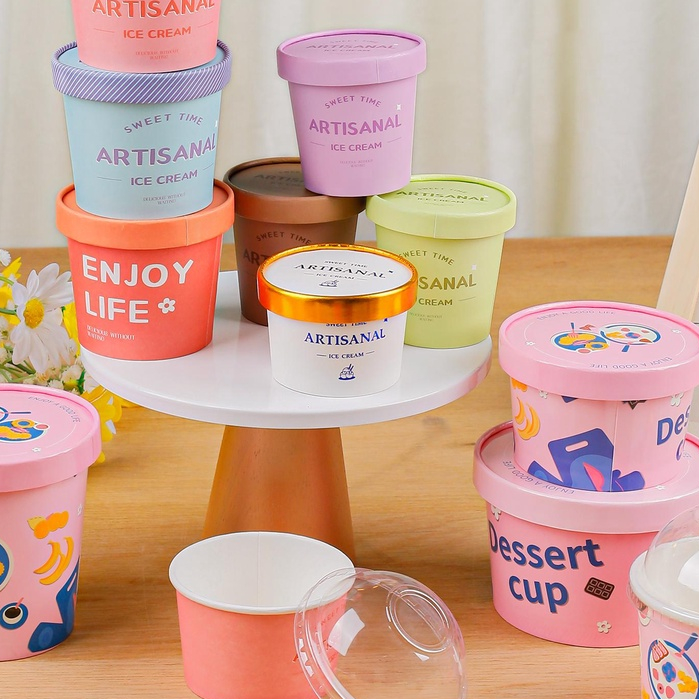 【現貨】【冰淇淋紙杯】一次性 冰淇淋 紙杯 冰激凌紙碗 打包盒 慕斯 蛋糕罐 甜品優格杯 帶勺 商用