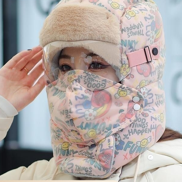 戶外冬天騎車電動車防寒神器  防風防雨水塗鴉韓版保暖滑雪帽子