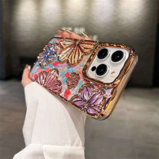 I Phone 11 14 Pro max Case 15 13 12 豪華電鍍保護套美學三維油畫花卉防震矽膠軟手機殼