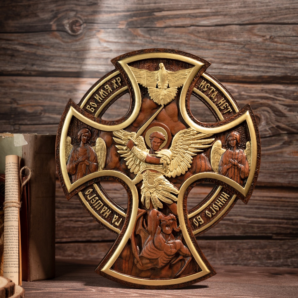 東正教大天使邁克爾木雕大天使十字架基督教雕塑祈禱家居裝飾品擺件