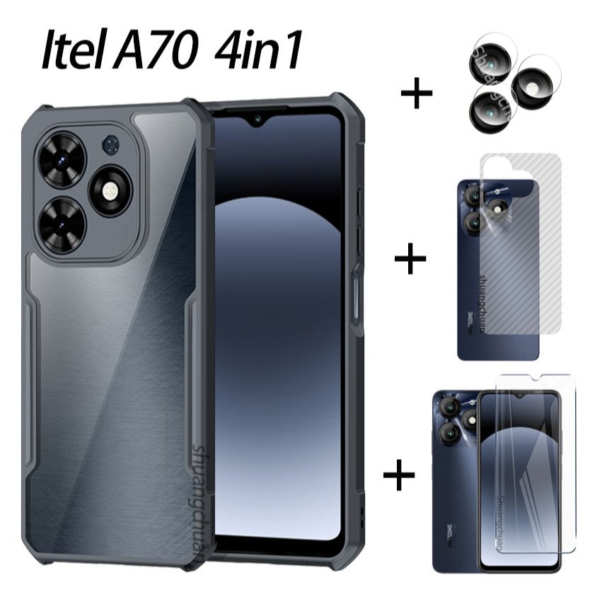 Itel A70手機殼+背膜+相機鏡頭膜+透明鋼化玻璃膜透明後蓋氣囊防震保護殼