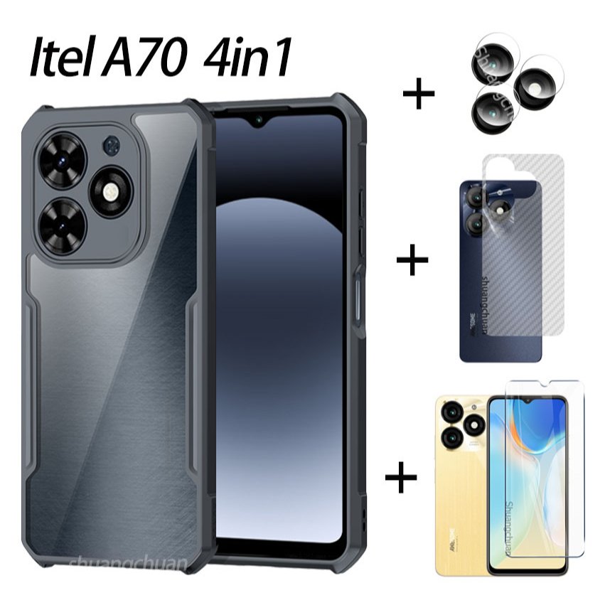 4合1適用於itel A70手機殼+背膜+相機鏡頭膜+透明鋼化玻璃膜透明後蓋氣囊防震保護殼