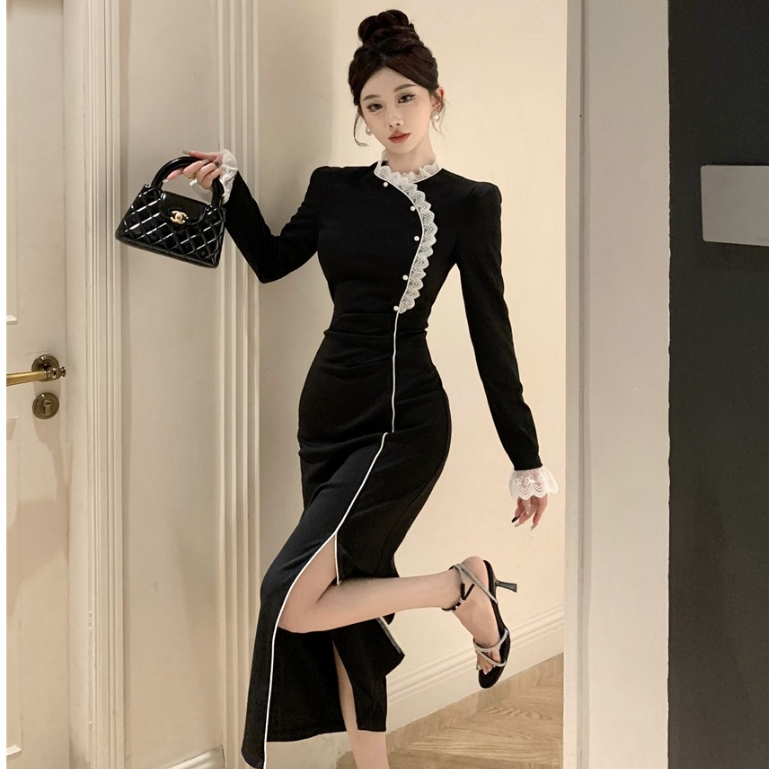 法式聚會派對黑色洋裝女裝緊身收腰高級設計蕾絲拼接圓領長袖中長款絲絨洋裝