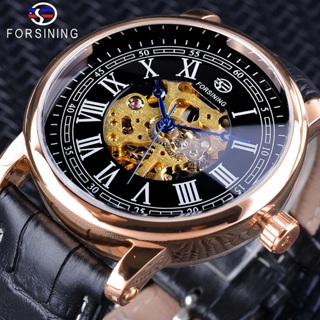 Forsining 時尚藍色指針設計玫瑰金時鐘男士自動手錶頂級品牌豪華黑色真皮皮帶手錶