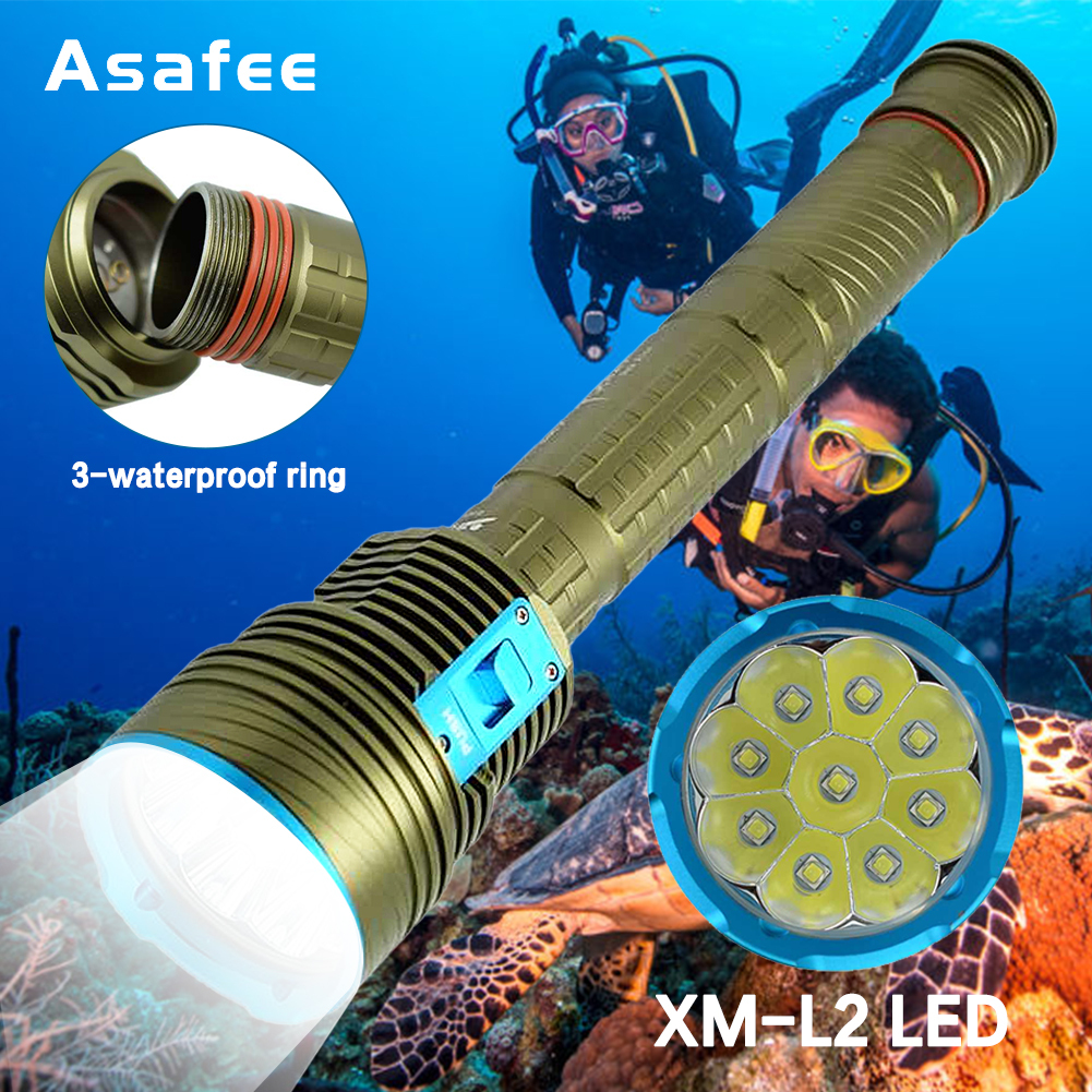 Asafee 強大的超亮 8000LM 9*XM-L2/T6 LED DX9 潛水手電筒使用 18650/26650 電