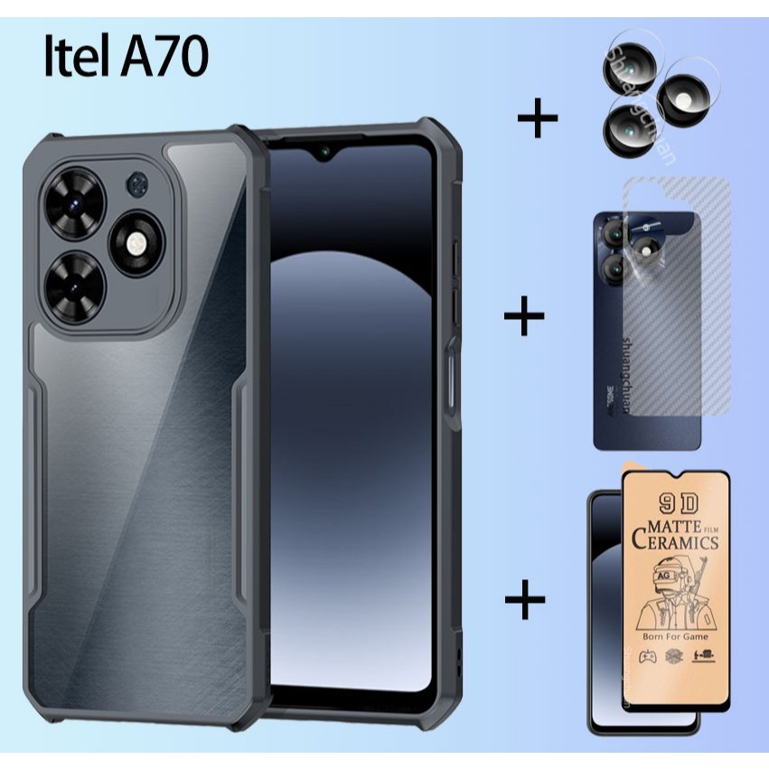 Itel A70手機殼+背膜+相機鏡頭膜+陶瓷膜軟膜防震殼蓋透明後蓋防震保護殼
